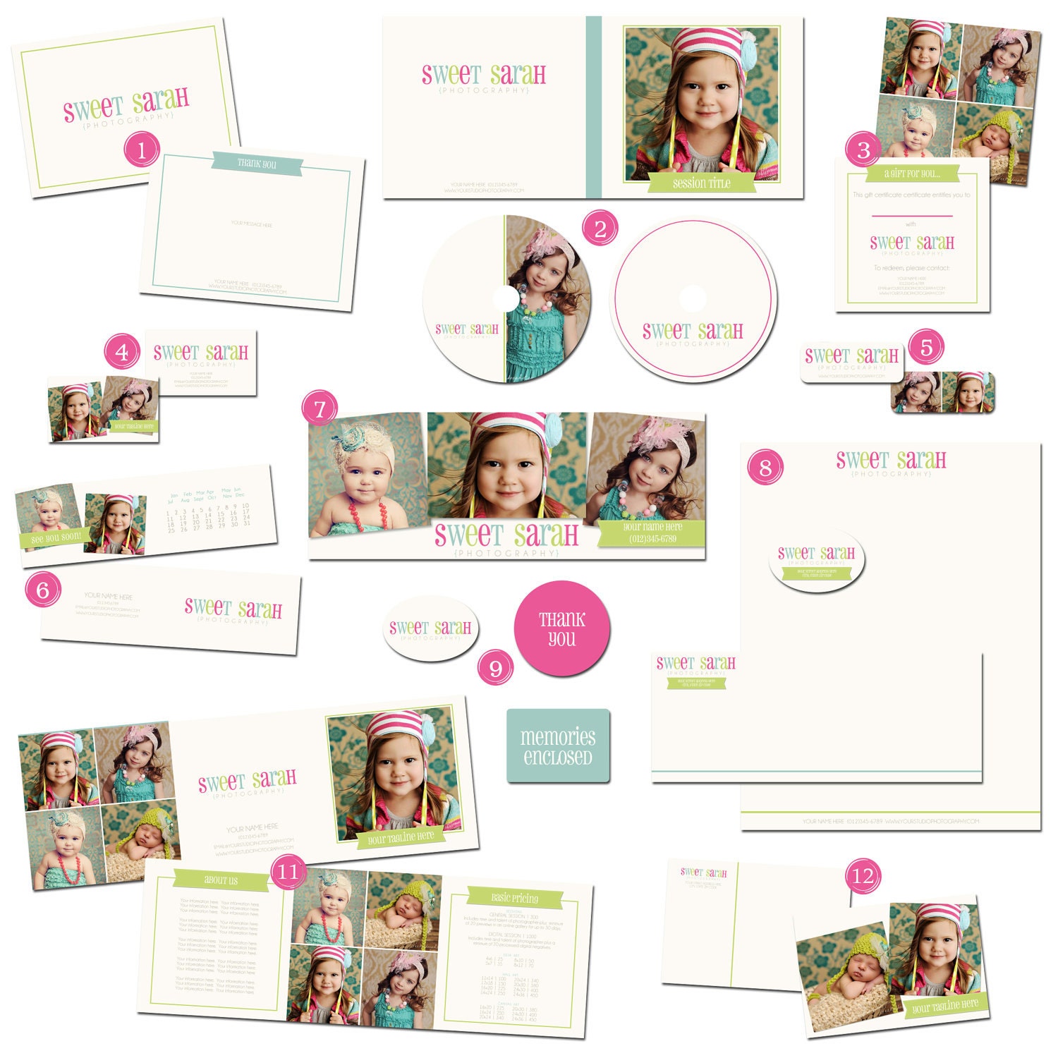Premade Photography Business Marketing and Branding 18 Piece psd Template Kit - Logo Included - Sweet Sarah Collection
