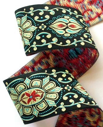 Woven Jacquard Ribbon - Collection22b 1 7/8" x 1 yard Black, Turquoise and Red