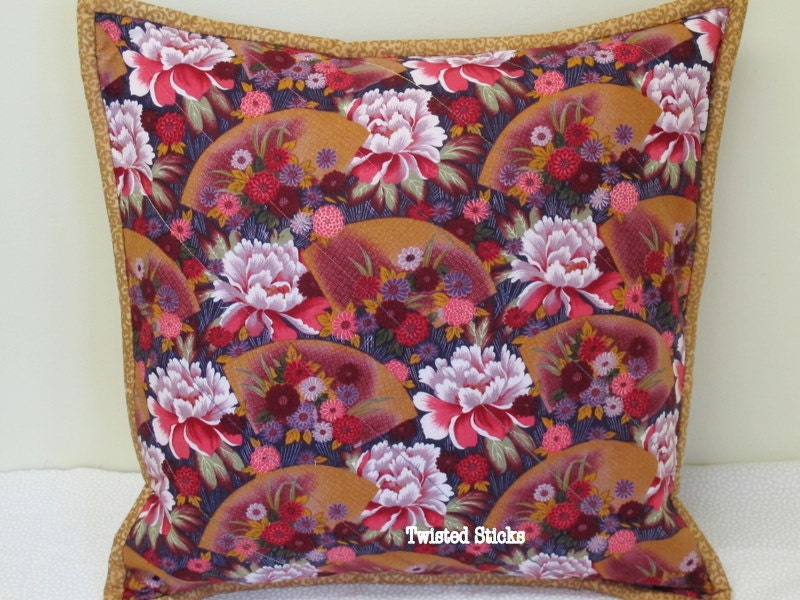 Oriental throw PILLOW, quilted throw pillow, quilted  purple, pink, cream flowers