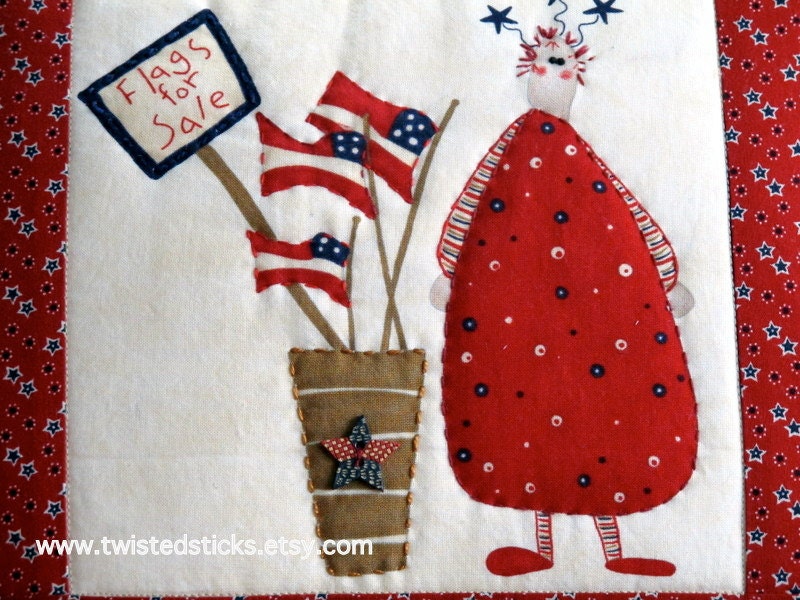July 4 Patriotic Pillow, Quilted Pillow, Red, White and Blue, "Flags for Sale"