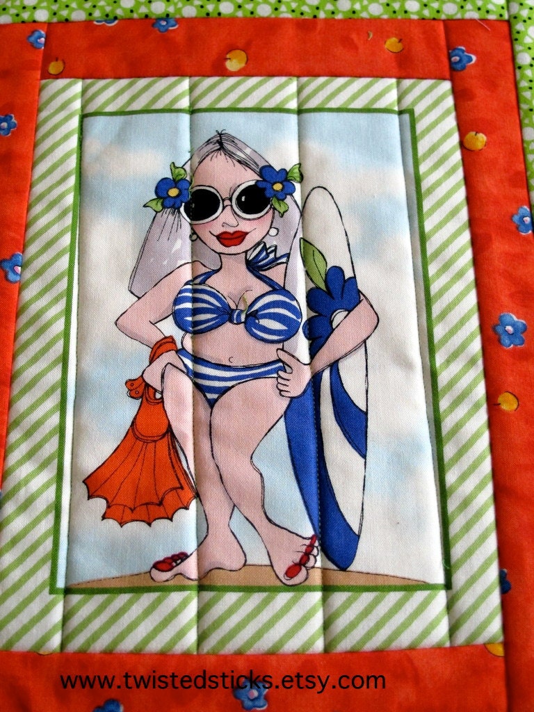 Sexy Surfing Babe Snack Mat in fun green and orange, Humerous Mug rug, place mat