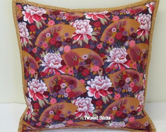 Oriental throw PILLOW, quilted throw pillow, quilted  purple, pink, cream flowers