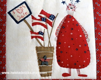 July 4 Patriotic Pillow, Quilted Pillow, Red, White and Blue, "Flags for Sale"