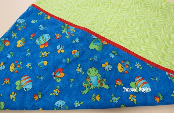 Children's COTTON PILLOWCASE, blue, green, frogs and bugs