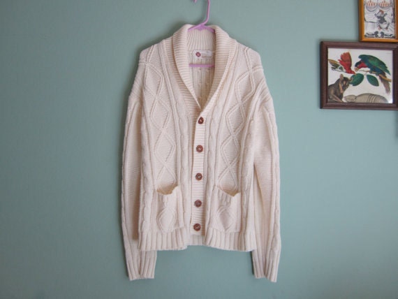 vintage cable knit sweater/ shawl collar cardigan/ 70s knit sweater unisex S-M