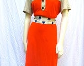 1960s Vintage Dress - Mod Dress with Neon Tangerine Colorblocking - Size L Large