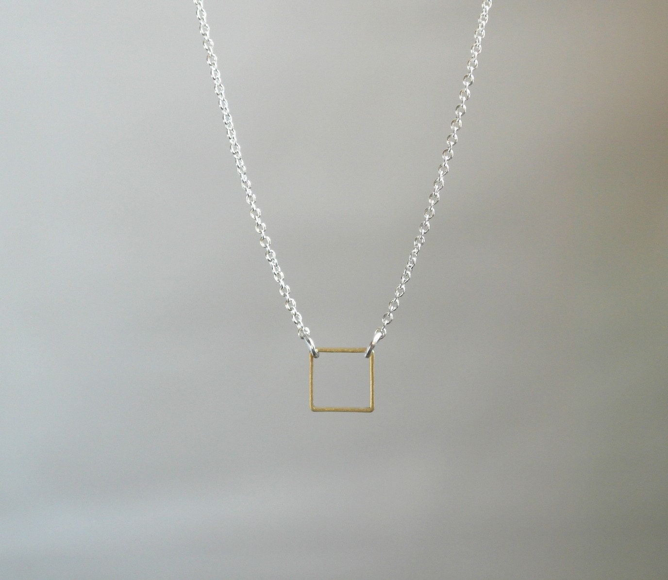 Delicate simple everyday brass open square necklace chain available in gold or silver