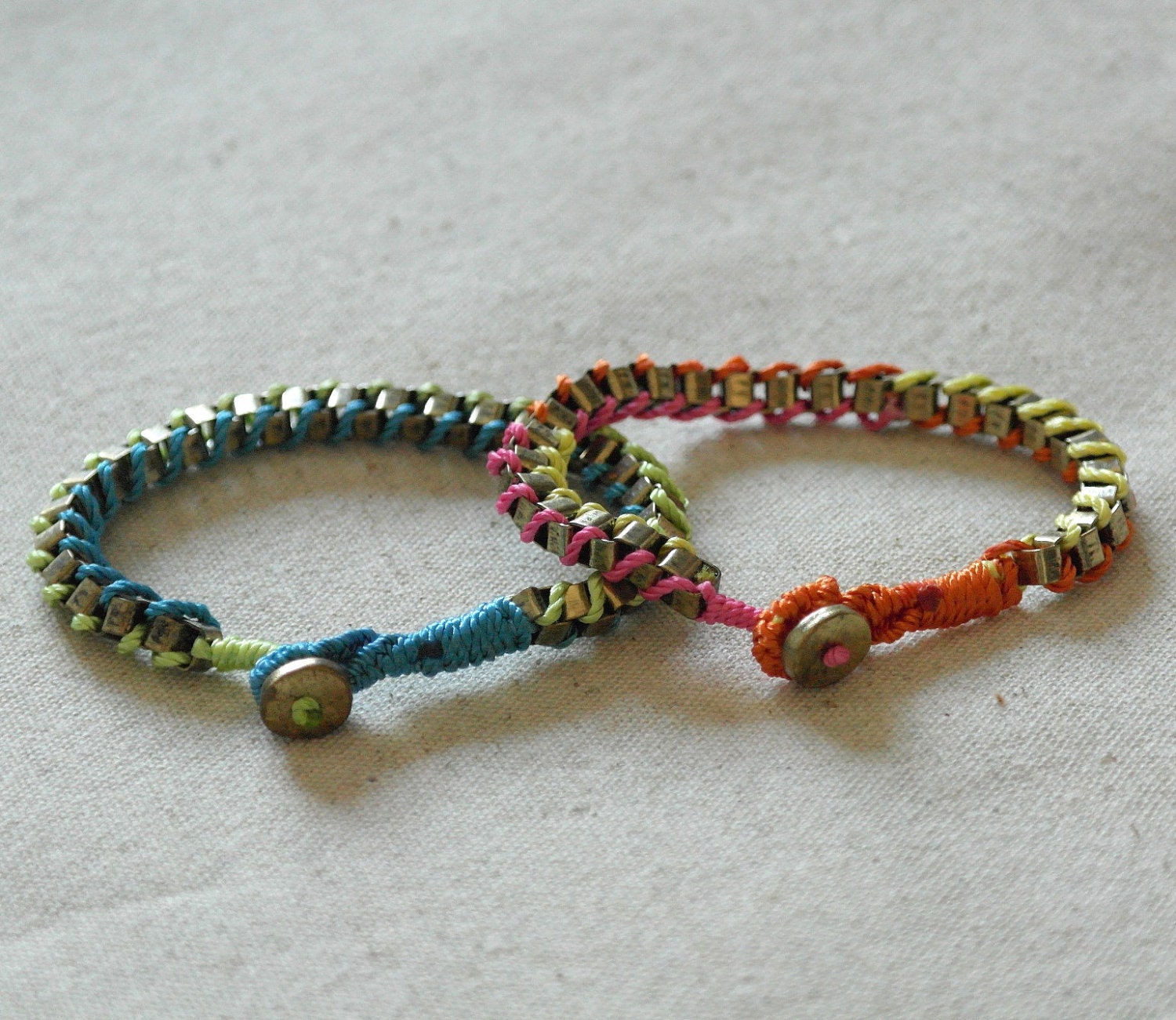 Simple Everyday Brass with Color Splash Threads Woven Chain Bracelet with Button Closure