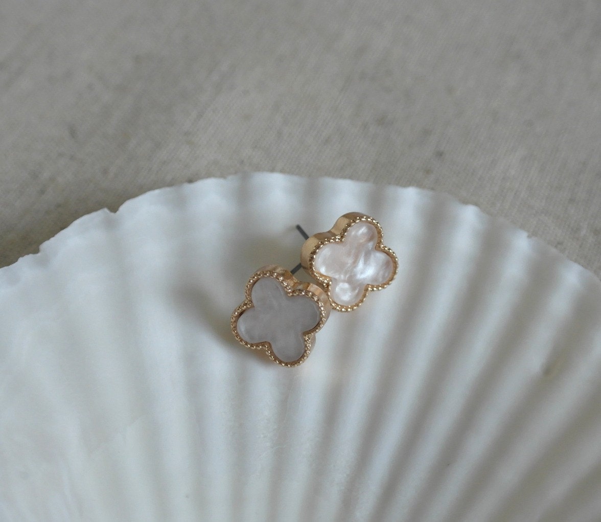 Delicate simple everyday alhambra ivory clover earrings