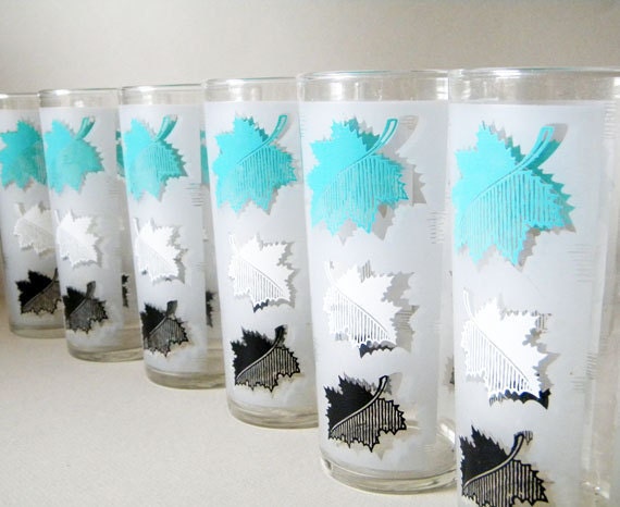 Vintage Aqua Frosted White And Black Leaf Design Libbey Iced Tea Glasses Pristine