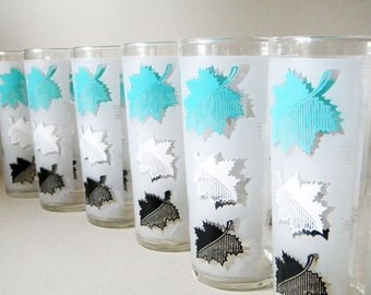 Vintage Aqua Frosted White And Black Leaf Design Libbey Iced Tea Glasses Pristine