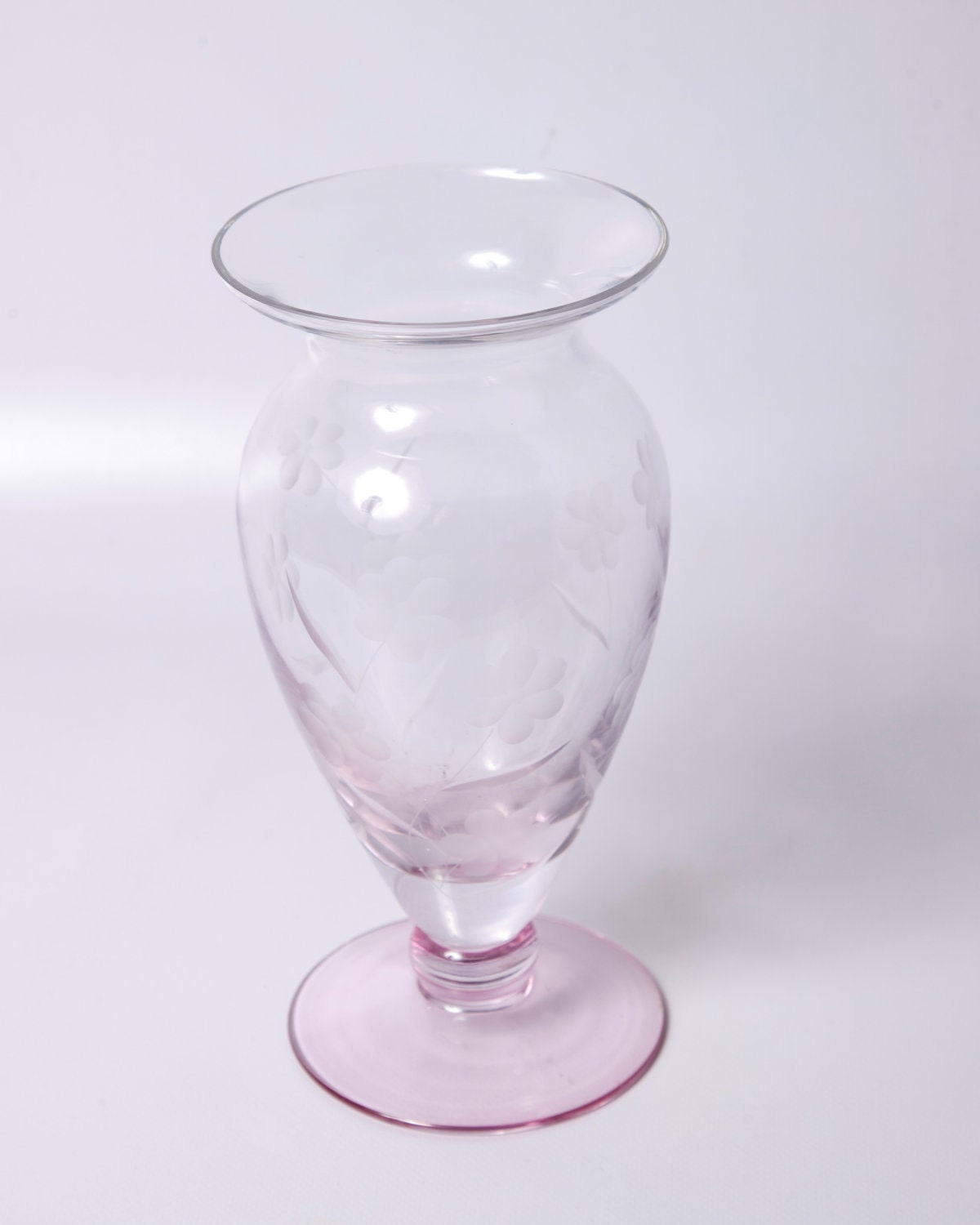 Vintage  Etched Crystal Vase Pink Glass Footed