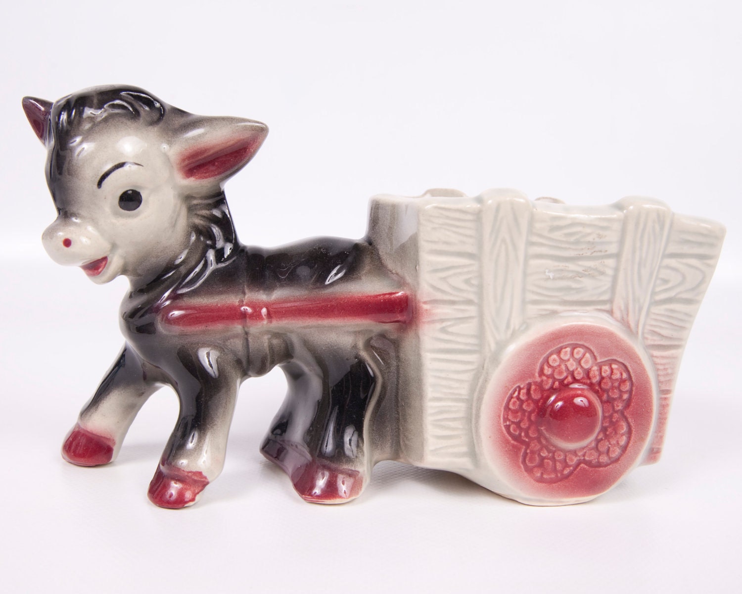 Vintage Donkey Planter Mule Pulling Cart Flower Pot Gray Maroon Figurine