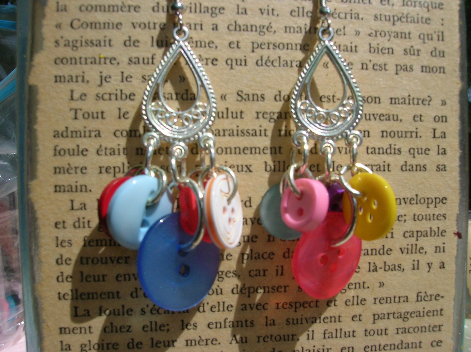 rainbow bohemian recycled button chandelier earrings