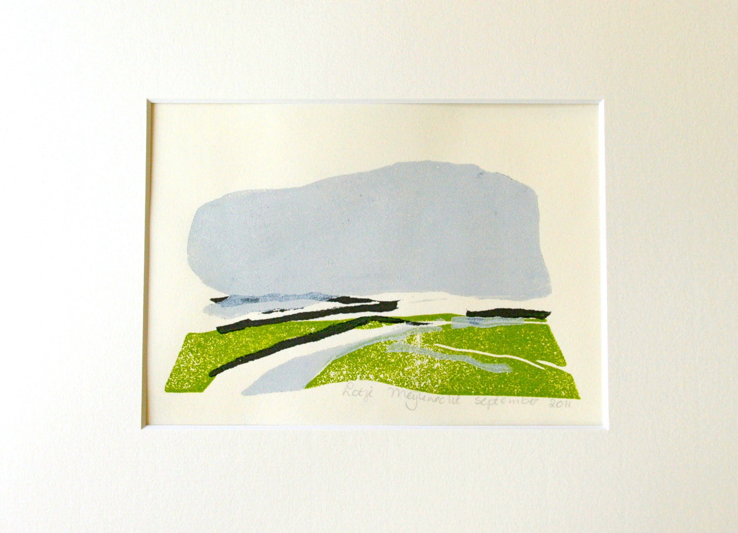 Dutch polder Landscape and its small water works, multi color orginal lino print