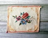 Vintage needlepoint flower canvas / rustic Victorian style / cottage chic / home decor / red rose / blue / green / timeworn patina