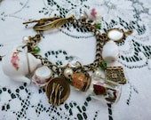 Deluxe Vintage style Beauty and the Beast full tea set charm bracelet with freshwater pearls and swarovksi crystals