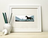 Horse Art Print - Animal Silhouette Giclee - Baby Wall Art - Blue, White & Brown 8x10