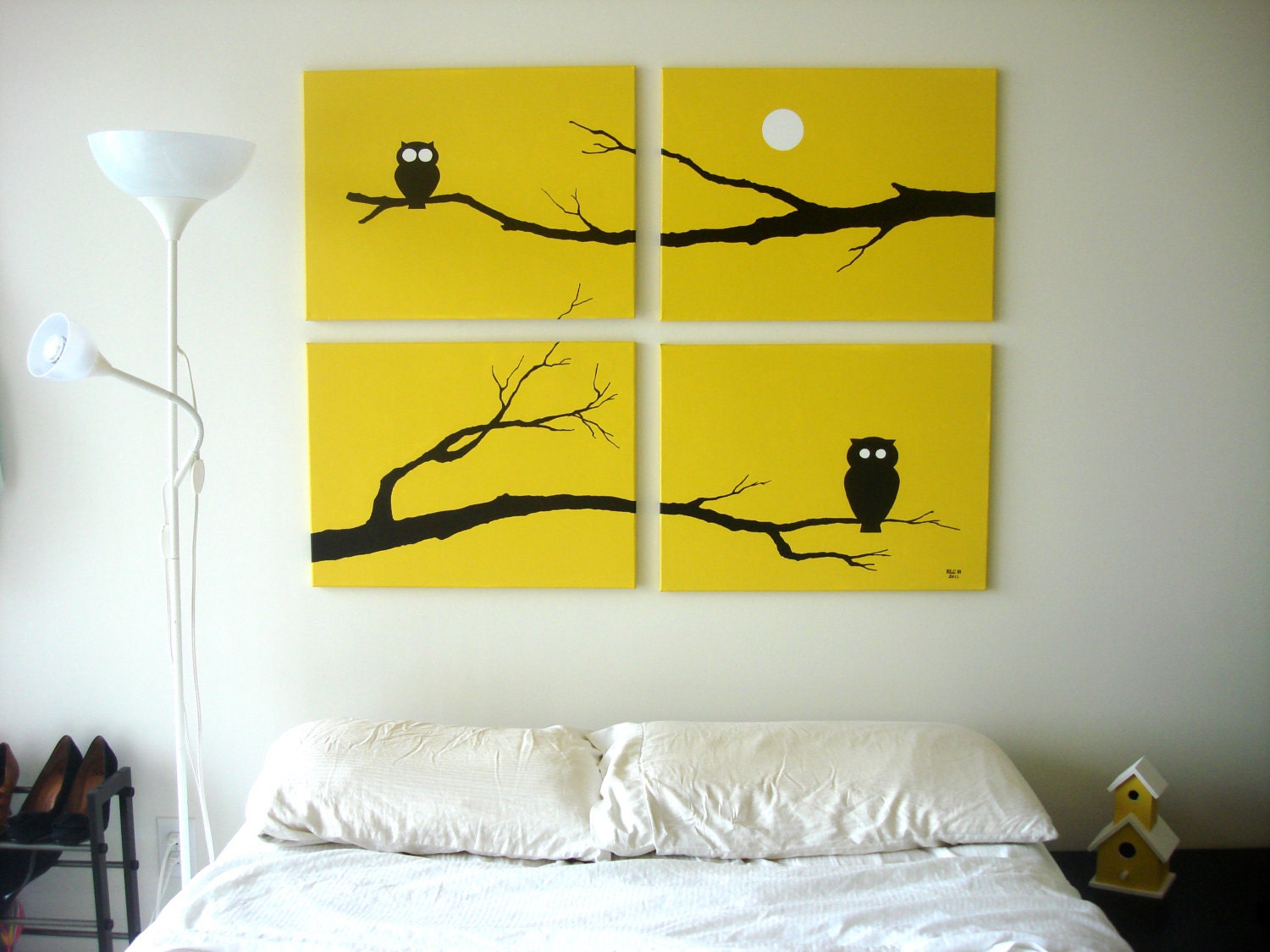 Owl Painting Art - Yellow Owl Silhouette - Fall Decor - Spooky Modern Wall Art 18 x 24 (Set of 4)