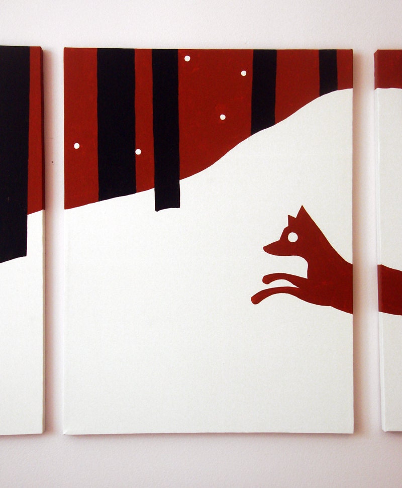 Red Fox Painting - Animal Silhouette Nursery Art - Red White & Black - Winter Christmas Snow Forest Wall Art 18 x 24 (Set of 4)