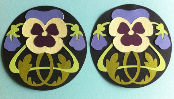 Art Nouveau Purple Pansies on Black Circle.  Die cut.  Set of 2. - vettro