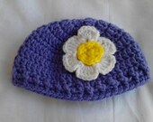 Crochet Purple Baby Girl Beanie Hat with Securely Attached White Crochet Flower and Yellow MIddle, Newborn to Adult Sizes Available