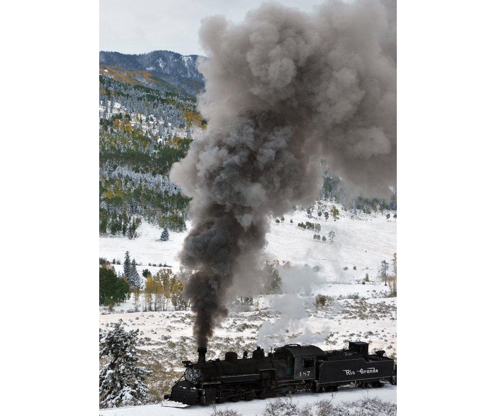 Steam train in snow with fall colors colorado fine art photograph print 5x7