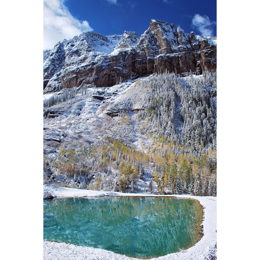 Snow covered mountains fall colors Colorado landscape photograph print 8x12