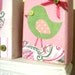 Pink Green Owl Flower Bird Nursery Wood Blocks Decor - Wood Nursery Art - Wood Nursery Blocks - Mixed Media Nursery Decor