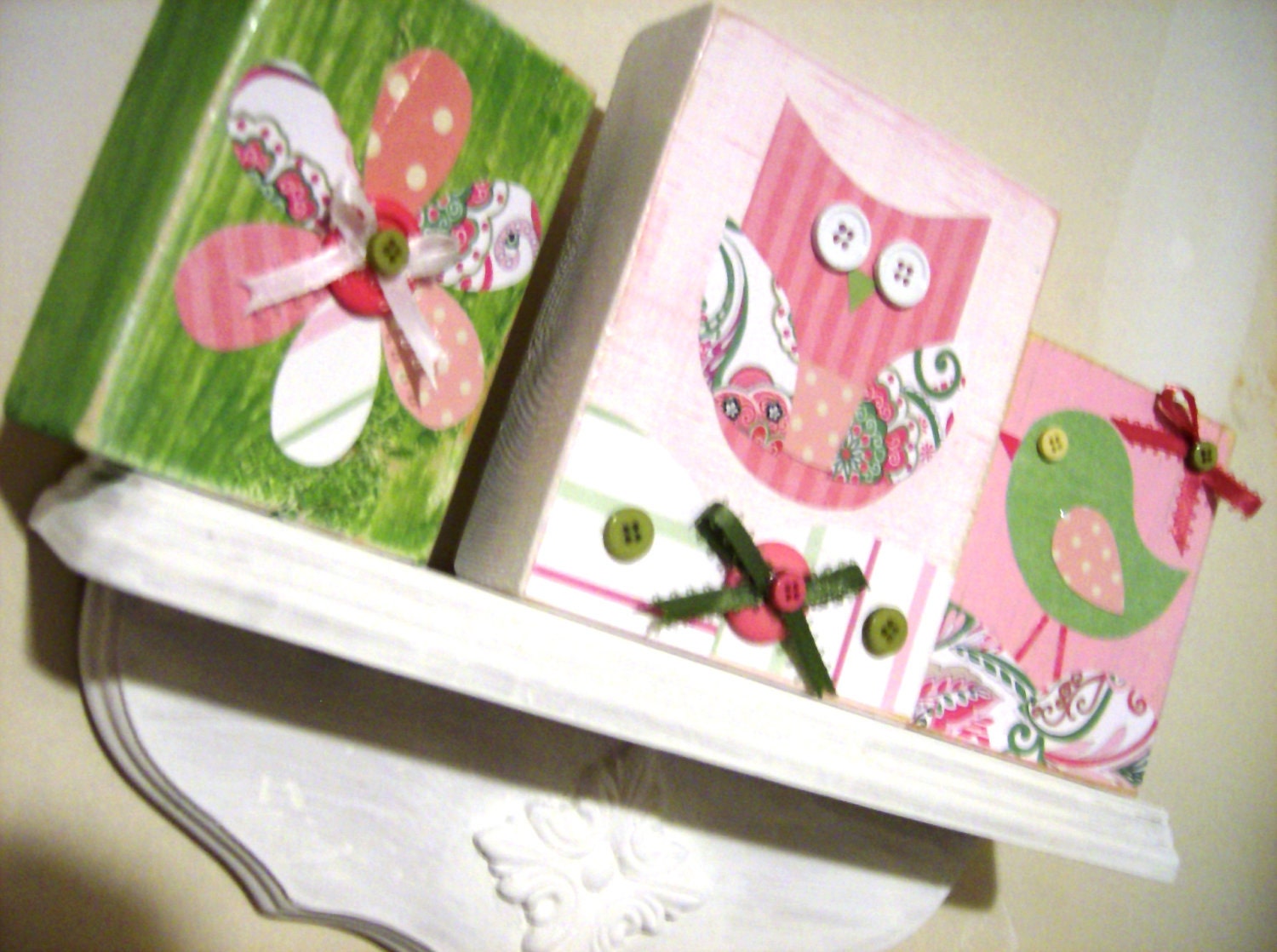 Pink Green Owl Flower Bird Nursery Wood Blocks Decor - Wood Nursery Art - Wood Nursery Blocks - Mixed Media Nursery Decor