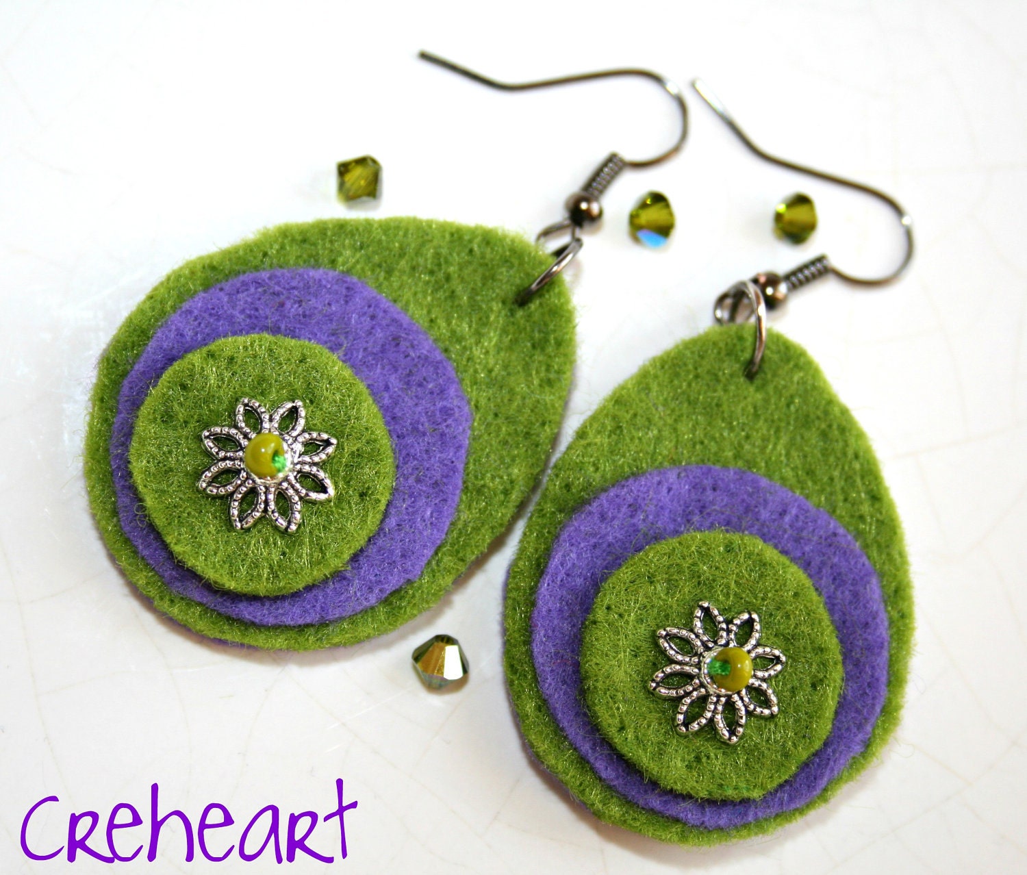 Green-Purple Handmade Felt  Earrings - Moroccan Collection