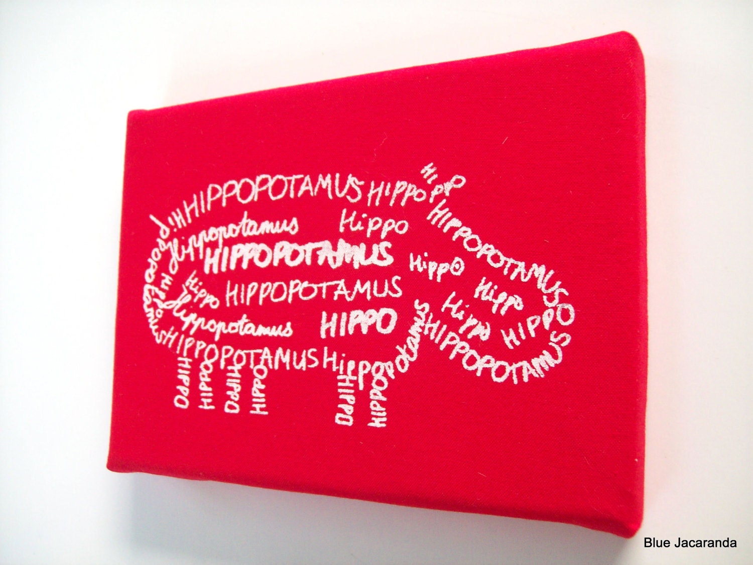 Nursery Art Hippo Screen Print Word Art White on Red Stretched on Canvas