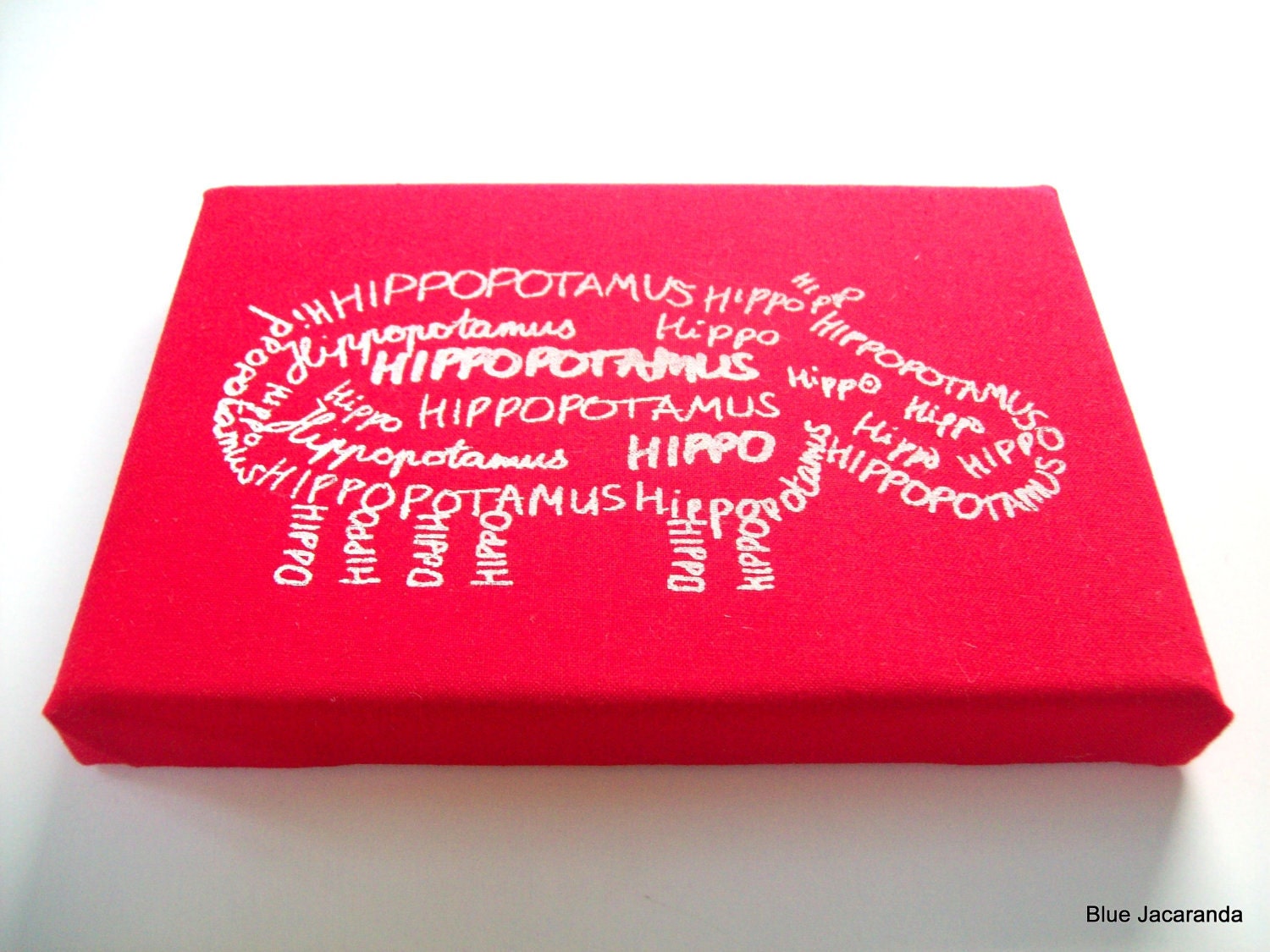 Nursery Art Hippo Screen Print Word Art White on Red Stretched on Canvas