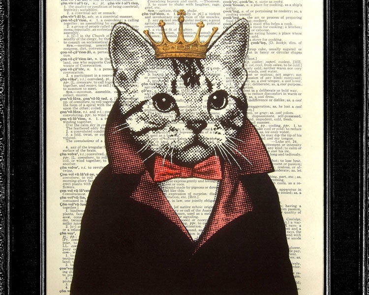 COLLAGE & MIXED MEDIA, Funny Cat Gift for Cat Lover, Cat Portrait, Cat Illustration, Cat Picture, Book Page Print Book Page Art - Cat King