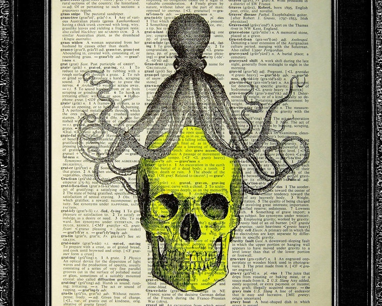 Skull Art Print / Poster - Octopus Skull - ORIGINAL ARTWORK Mixed Media Skull Dictionary art print, Skull Dictionary print, Skull wall art
