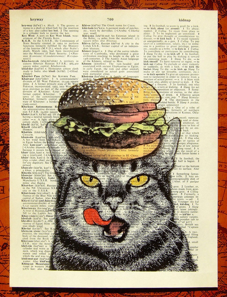 PRINT & POSTER - Cat Poster, Cat print, Cat Retro print, Cat dictionary art print, Cat book page print, Cat book page art - Hamburger Cat