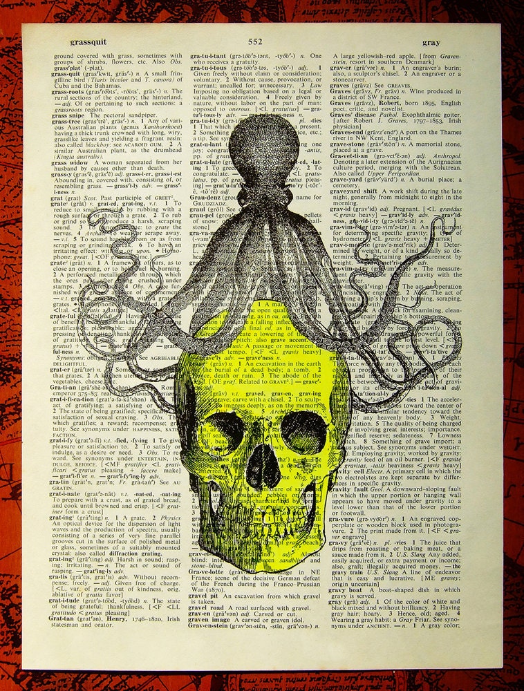 Skull Art Print / Poster - Octopus Skull - ORIGINAL ARTWORK Mixed Media Skull Dictionary art print, Skull Dictionary print, Skull wall art
