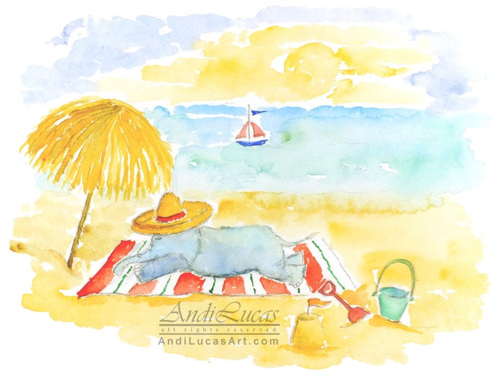 Summer Beach Holiday Elephant Watercolor Print for Children Nursery Baby Illustration Home Decor Wall Art 12" x 9" AndiLucasArt