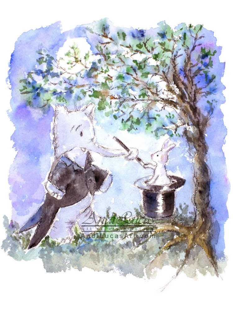 Childrens art print Baby Nursery Elephant Magician Watercolor 8 x 6