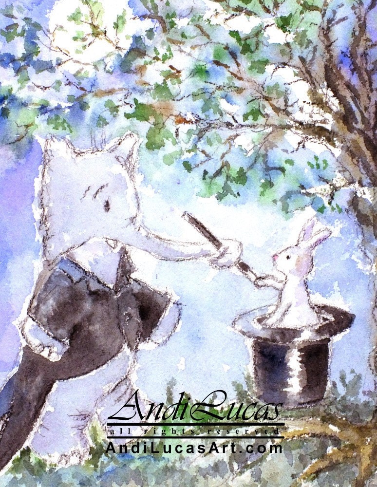Childrens art print Baby Nursery Elephant Magician Watercolor 8 x 6