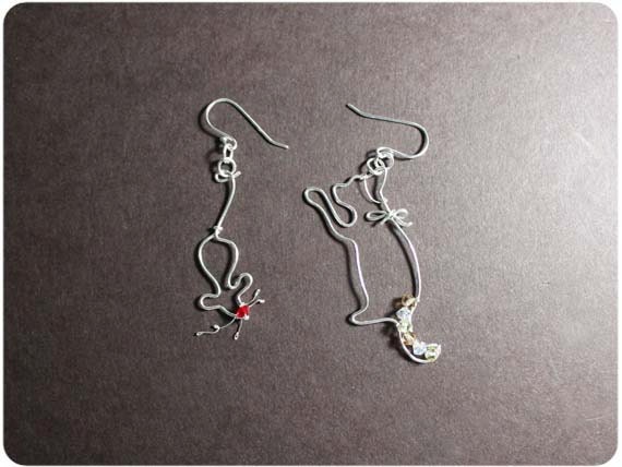 Cat and Mouse Earring- Sterling Silver, Crystal beads