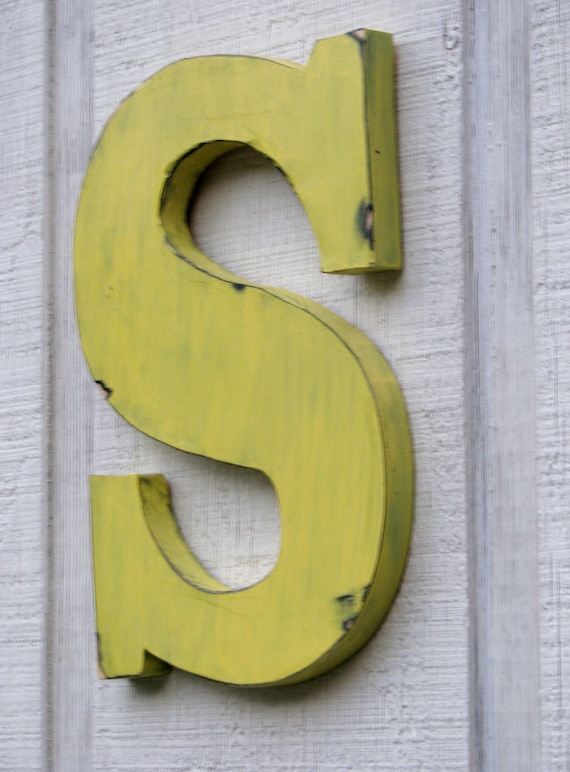 Rustic Wooden Letter,S Distressed Painted sunshine yellow,12" tall Wood Name Letters, Custom Wedding Gift