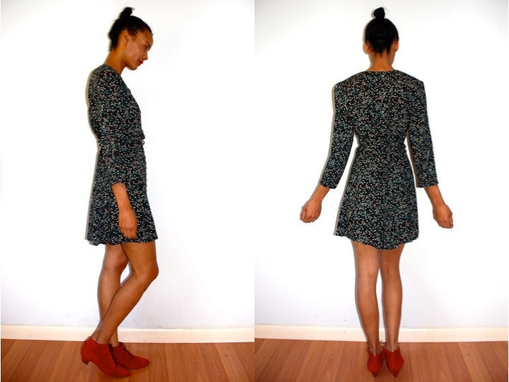Vtg Dark Floral Pearly Button Down Front Mini Dress