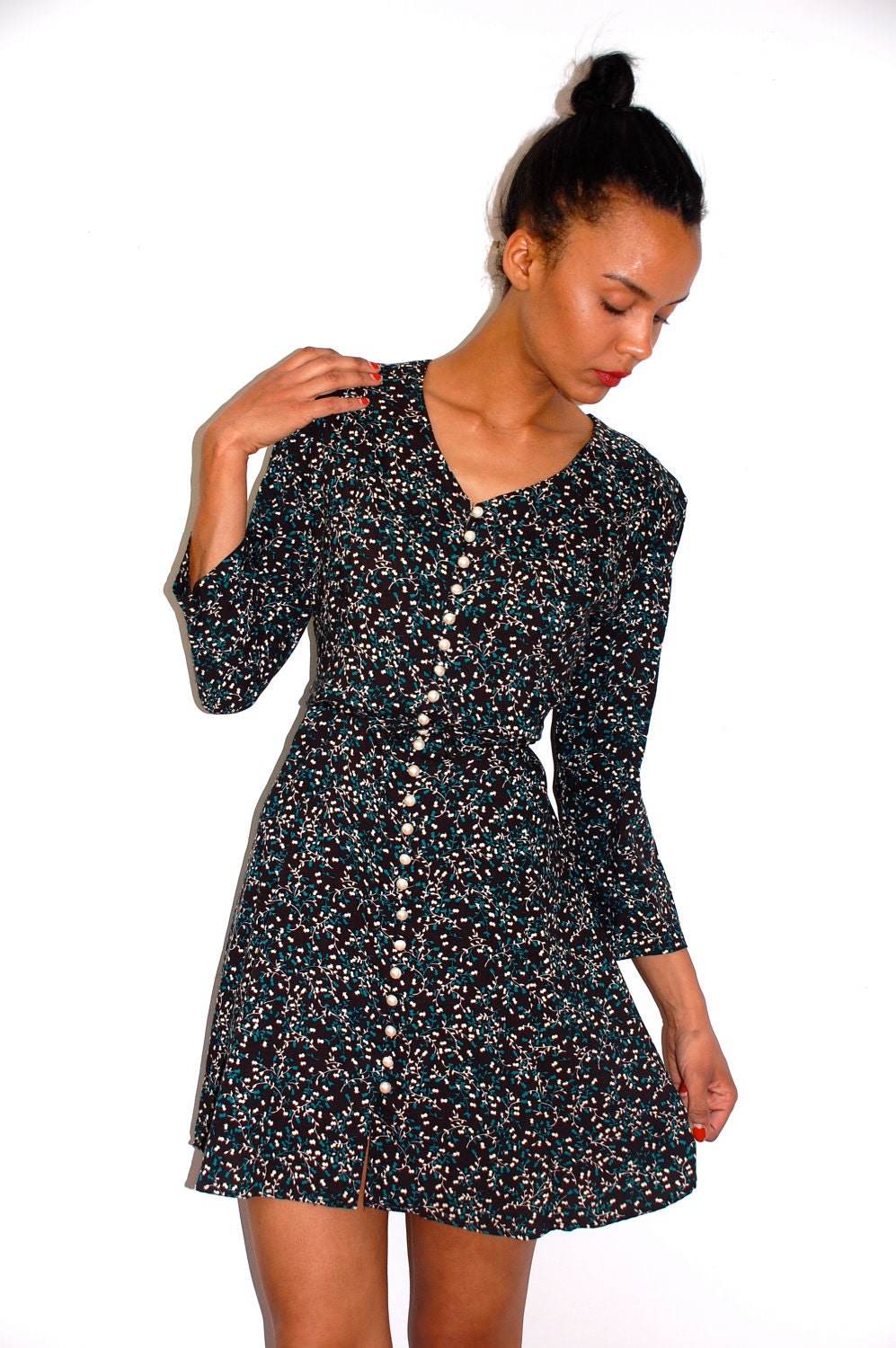 Vtg Dark Floral Pearly Button Down Front Mini Dress