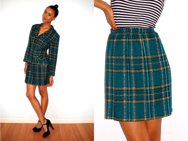 Vtg 2 Piece Plaid Green Yellow Fitted Blazer Mini Skirt