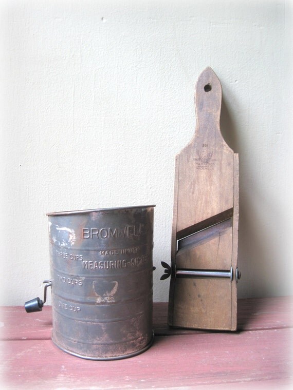 Vintage Bromwells Flour Sifter and Wood Vegetable Slicer Instant Collection Vintage Kitchen Decor Primitive Farmhouse Rustic
