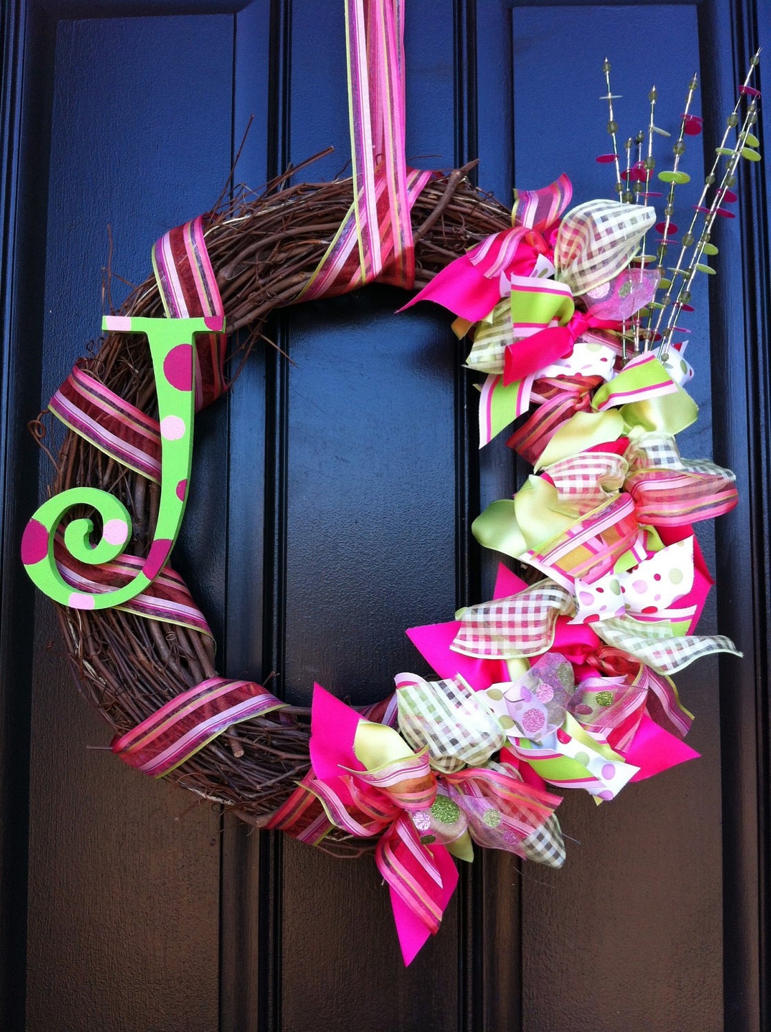 Summer Wreath with Monogram in Pink and Green - SummerWreath - Spring Wreath - Monogram Wreath