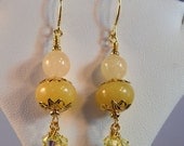 Yellow pineapple quartz and flower jade gold capped earrings, yellow quartz and jade earrings with crystal dangles