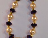 Gold pearl, purple metallic crystal and rhinestone beaded bracelet, purple and gold rhinestone crystal and pearl bracelet
