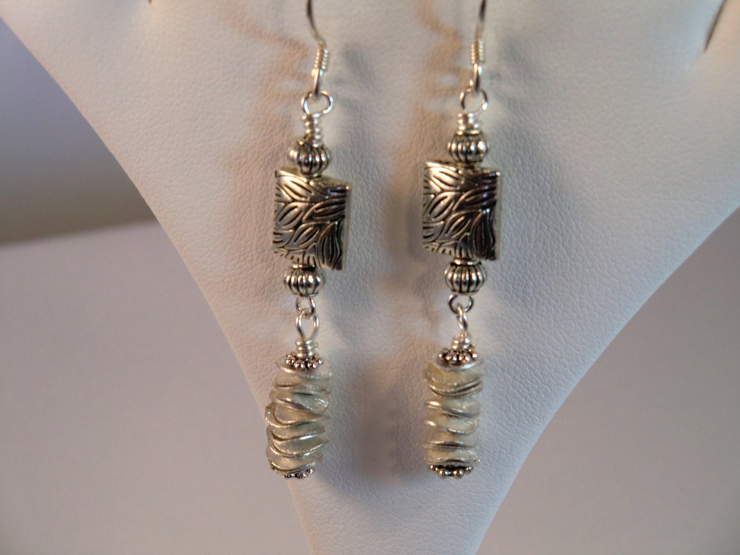 Silver square leaf dangle earrings with brushed silver ruffle chips, I Love Silver beaded square dangle earrings with silver discs